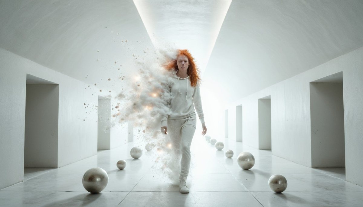 Inside the white pyramid, a figure forming out of light