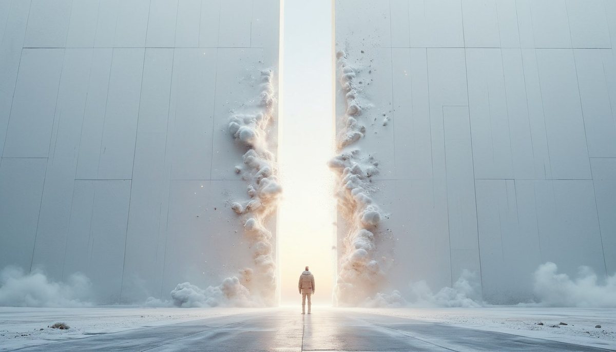 A man before the white pyramid as its wall opens